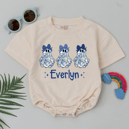 Cute Blue Chinoiserie Ghost Halloween Romper Personalized 'Everlyn' Baby Bodysuit Whimsical Fall Outfit