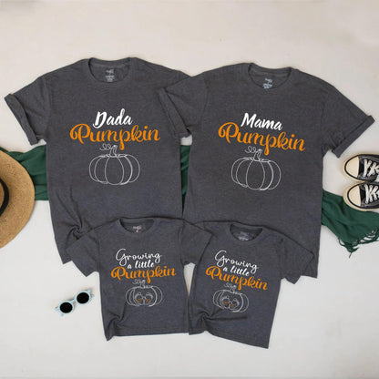 Family Matching Pumpkin Shirts Fall Halloween Pregnancy Reveal Cute Mama Dada Growing a Little Pumpkin Baby Announcement Outfits