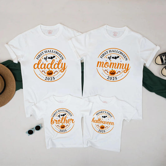 First Halloween of 2025 Matching Family Shirts Daddy Mommy Brother Pumpkin Family Party Orange Black