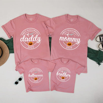 First Halloween of 2025 Matching Family Shirts Daddy Mommy Brother Pumpkin Family Party Orange Black