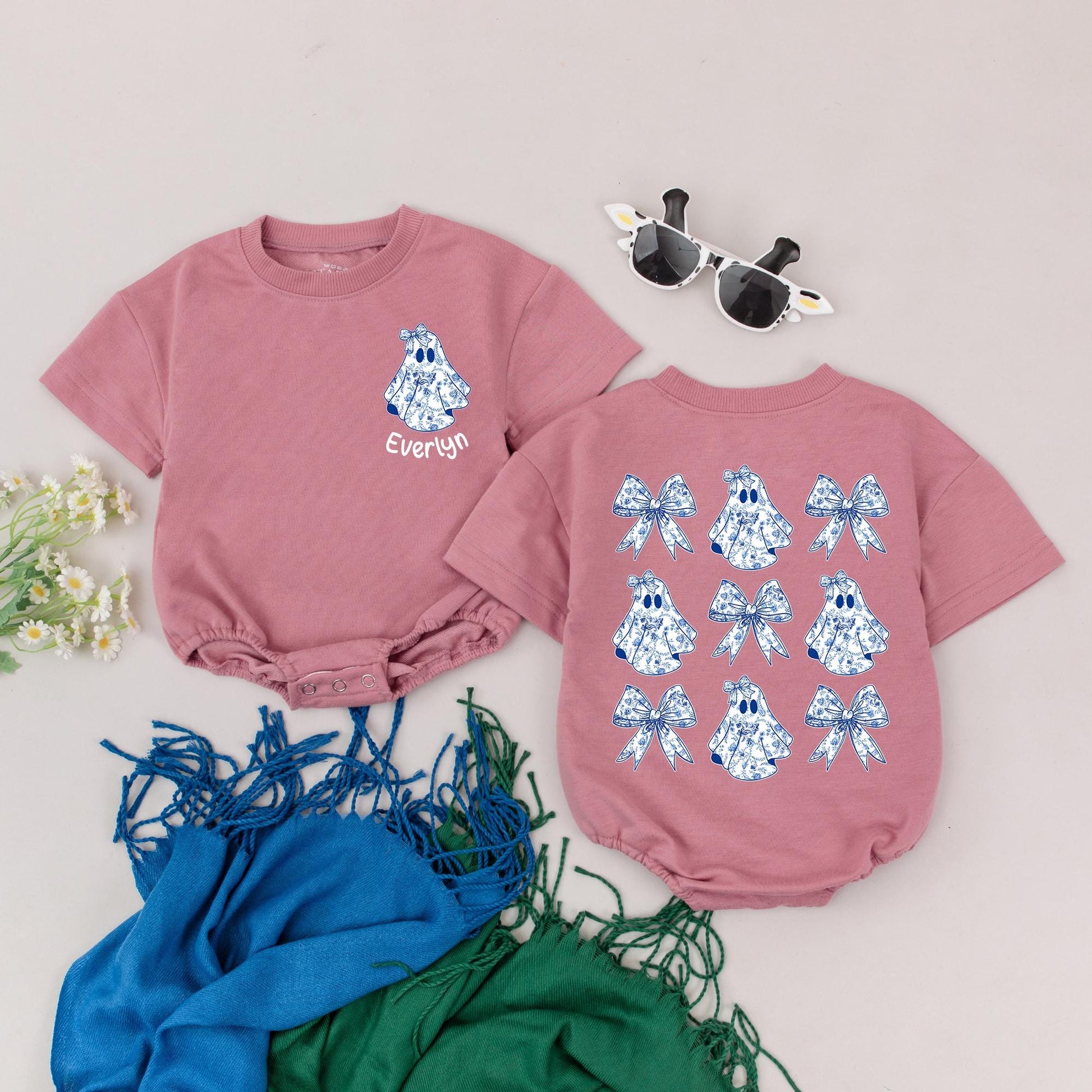 Personalized Baby Ghost Romper, Blue Chinoiserie Halloween Outfit, Custom Name Spooky Season Clothes, Vintage Floral Bows, First Halloween Gift 134 Chars