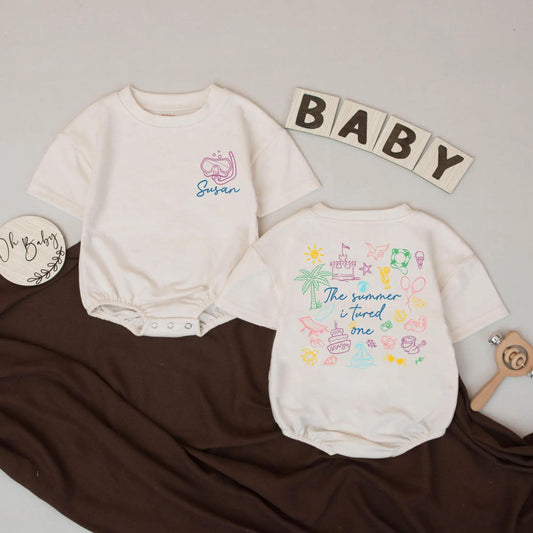 Personalized Baby First Birthday Summer Romper Snorkel Mask Beach Outfit The Summer I Turned One Whimsical Pastel Doodles Girl Boy Celebration