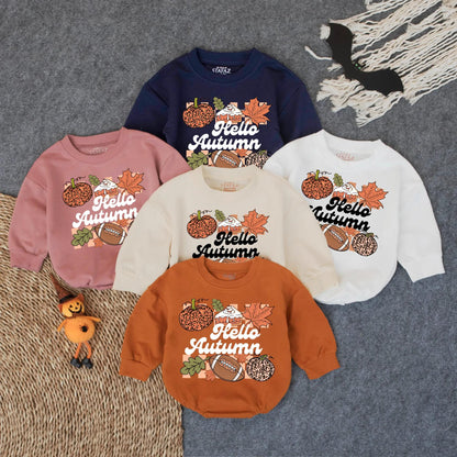 Hello Autumn Football Romper, Leopard Pumpkin Game Day Outfit, Baby Girl or Boy Bodysuit, Infant Fall Sports Clothes, Cozy Toddler Tee