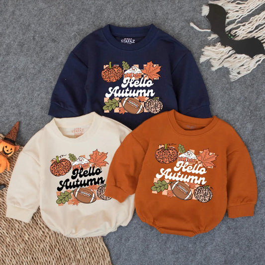 Hello Autumn Football Romper, Leopard Pumpkin Game Day Outfit, Baby Girl or Boy Bodysuit, Infant Fall Sports Clothes, Cozy Toddler Tee