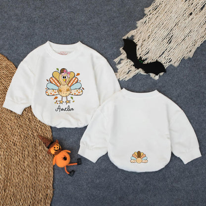 Whimsical Cartoon Turkey Baby Bubble Romper Custom First Thanksgiving Outfit Infant Fall Bodysuit Baby Girl Boy Autumn Clothes
