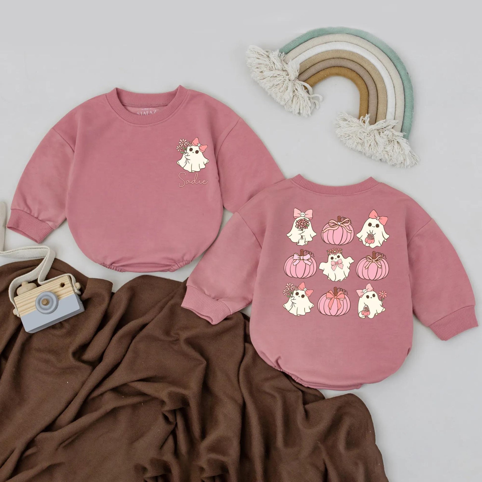 Pink Ghost & Pumpkin Romper: Personalized Halloween Outfit, Cute Girly Bodysuit with Bows, First Halloween Costume, Fall Baby Gift, Spooky Fun for Baby Girl (139)