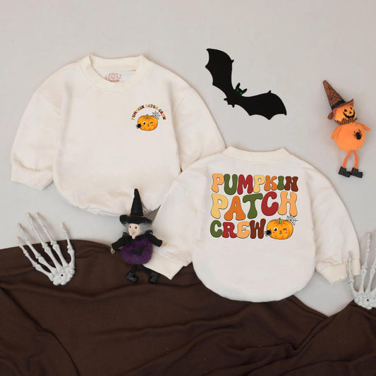 Pumpkin Patch Crew Baby Romper Retro Fall Autumn Outfit Cute Winking Pumpkin Halloween Baby Shower Gift Seasonal Infant Clothes