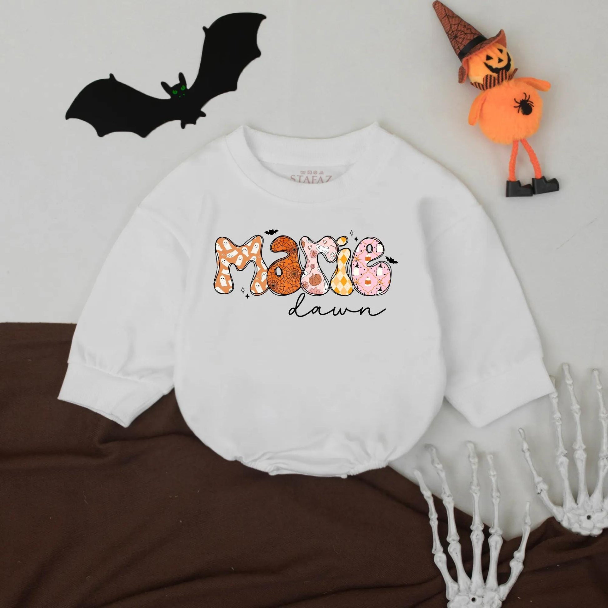 Custom Marie Halloween Romper: Spooky Cute Personalized First Halloween Baby Bodysuit, Bubbly Ghost, Pumpkin, Argyle Design, Halloween Baby Clothes