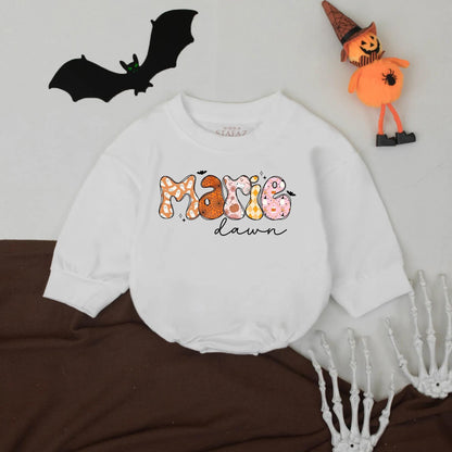 Custom Marie Halloween Romper: Spooky Cute Personalized First Halloween Baby Bodysuit, Bubbly Ghost, Pumpkin, Argyle Design, Halloween Baby Clothes