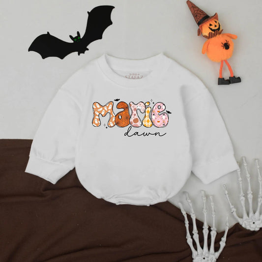 Custom Marie Halloween Romper: Spooky Cute Personalized First Halloween Baby Bodysuit, Bubbly Ghost, Pumpkin, Argyle Design, Halloween Baby Clothes