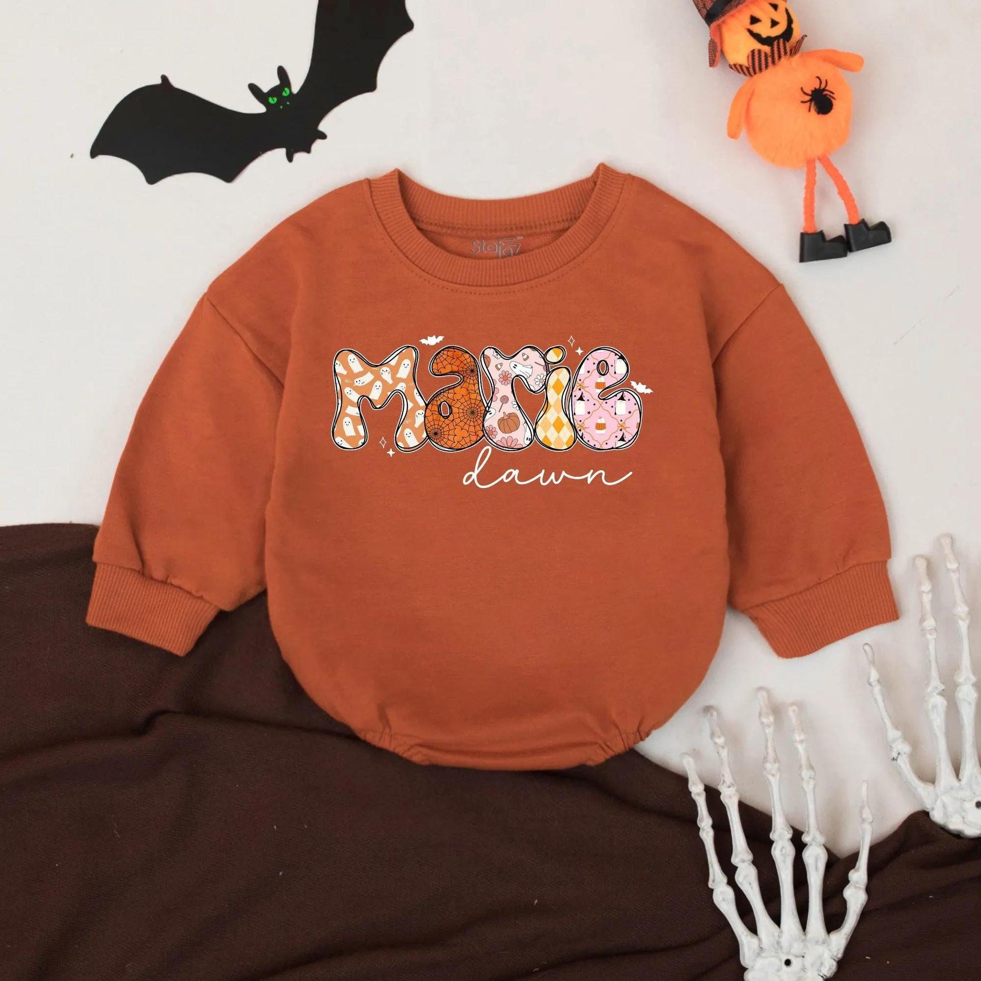 Custom Marie Halloween Romper: Spooky Cute Personalized First Halloween Baby Bodysuit, Bubbly Ghost, Pumpkin, Argyle Design, Halloween Baby Clothes