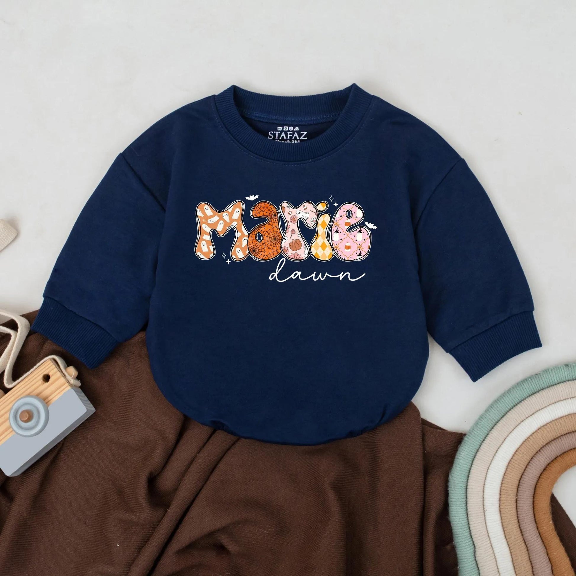Custom Marie Halloween Romper: Spooky Cute Personalized First Halloween Baby Bodysuit, Bubbly Ghost, Pumpkin, Argyle Design, Halloween Baby Clothes