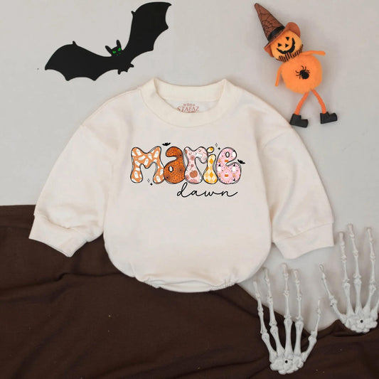 Custom Marie Halloween Romper: Spooky Cute Personalized First Halloween Baby Bodysuit, Bubbly Ghost, Pumpkin, Argyle Design, Halloween Baby Clothes