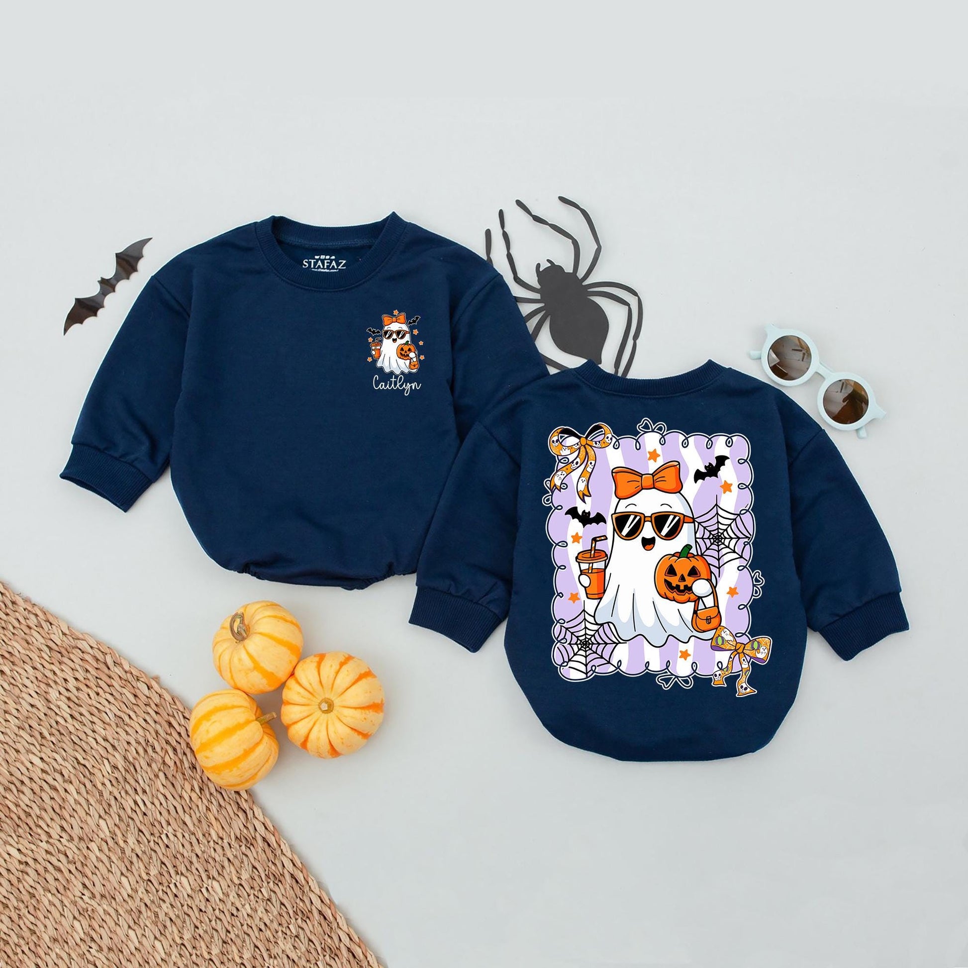 Customized Spooky Boo Baby Romper Personalized First Halloween Outfit with Ghost, Pumpkin & Bats Light Purple Scallop Border