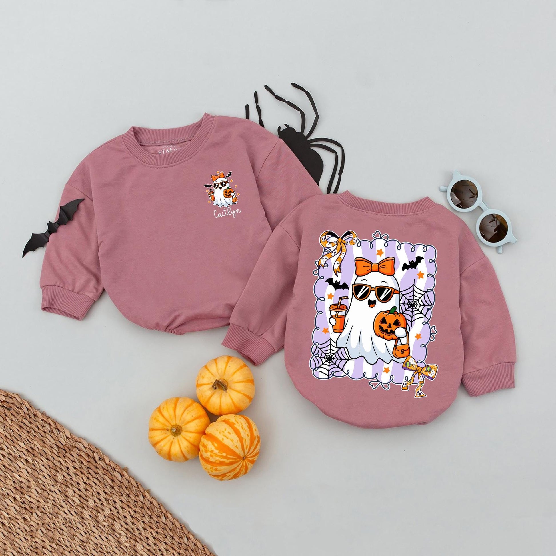 Customized Spooky Boo Baby Romper Personalized First Halloween Outfit with Ghost, Pumpkin & Bats Light Purple Scallop Border