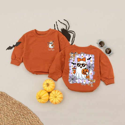 Customized Spooky Boo Baby Romper Personalized First Halloween Outfit with Ghost, Pumpkin & Bats Light Purple Scallop Border