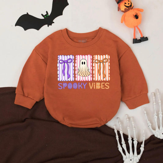 Spooky Vibes Halloween Romper for Baby Girl or Boy, Retro Outfit with Purple, Pink & Orange Accents, First Halloween Bodysuit Gift