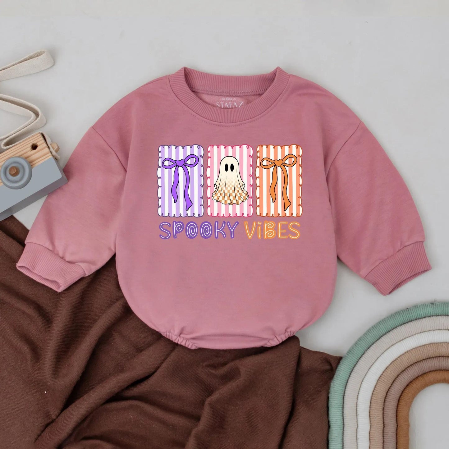 Spooky Vibes Halloween Romper for Baby Girl or Boy, Retro Outfit with Purple, Pink & Orange Accents, First Halloween Bodysuit Gift