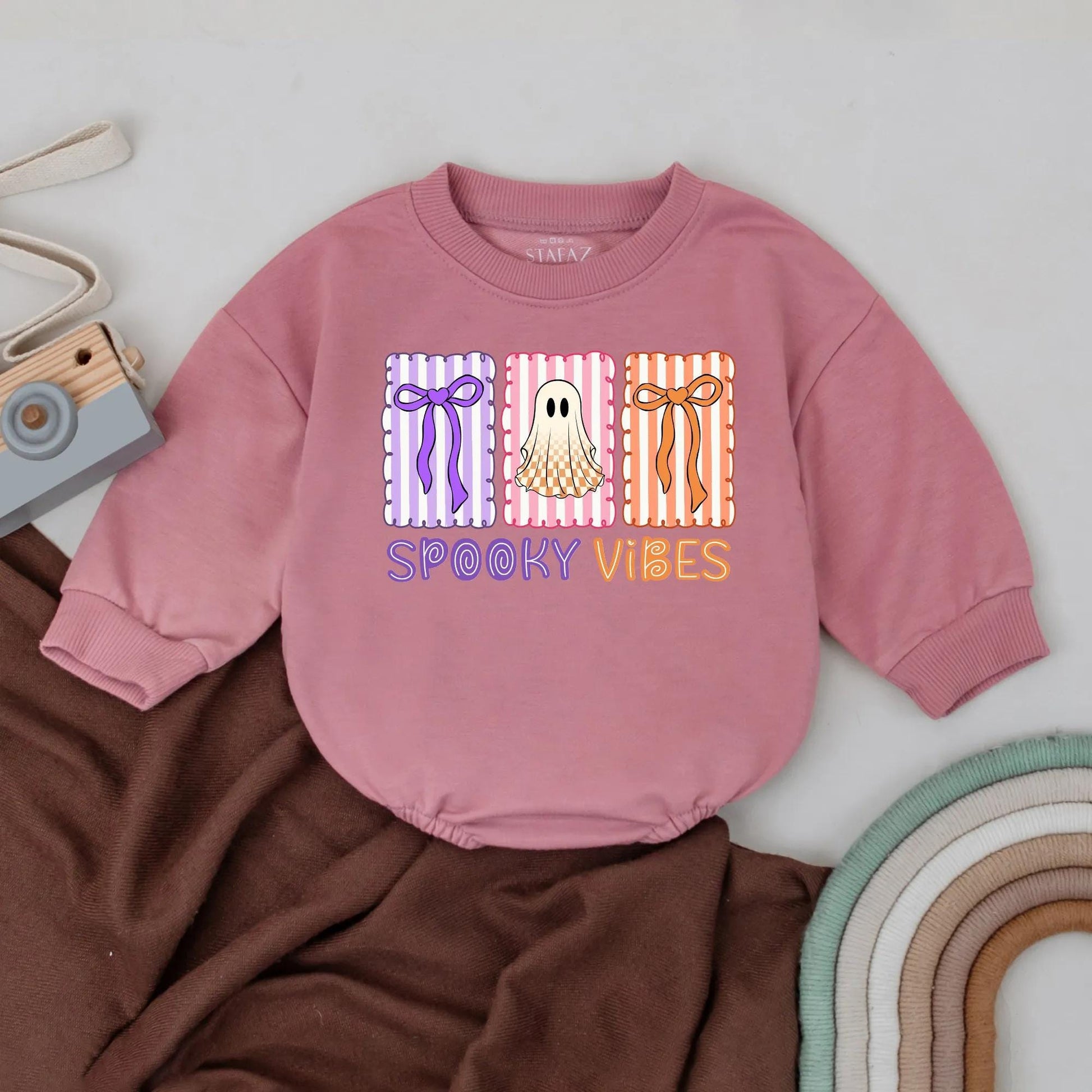 Spooky Vibes Halloween Romper for Baby Girl or Boy, Retro Outfit with Purple, Pink & Orange Accents, First Halloween Bodysuit Gift