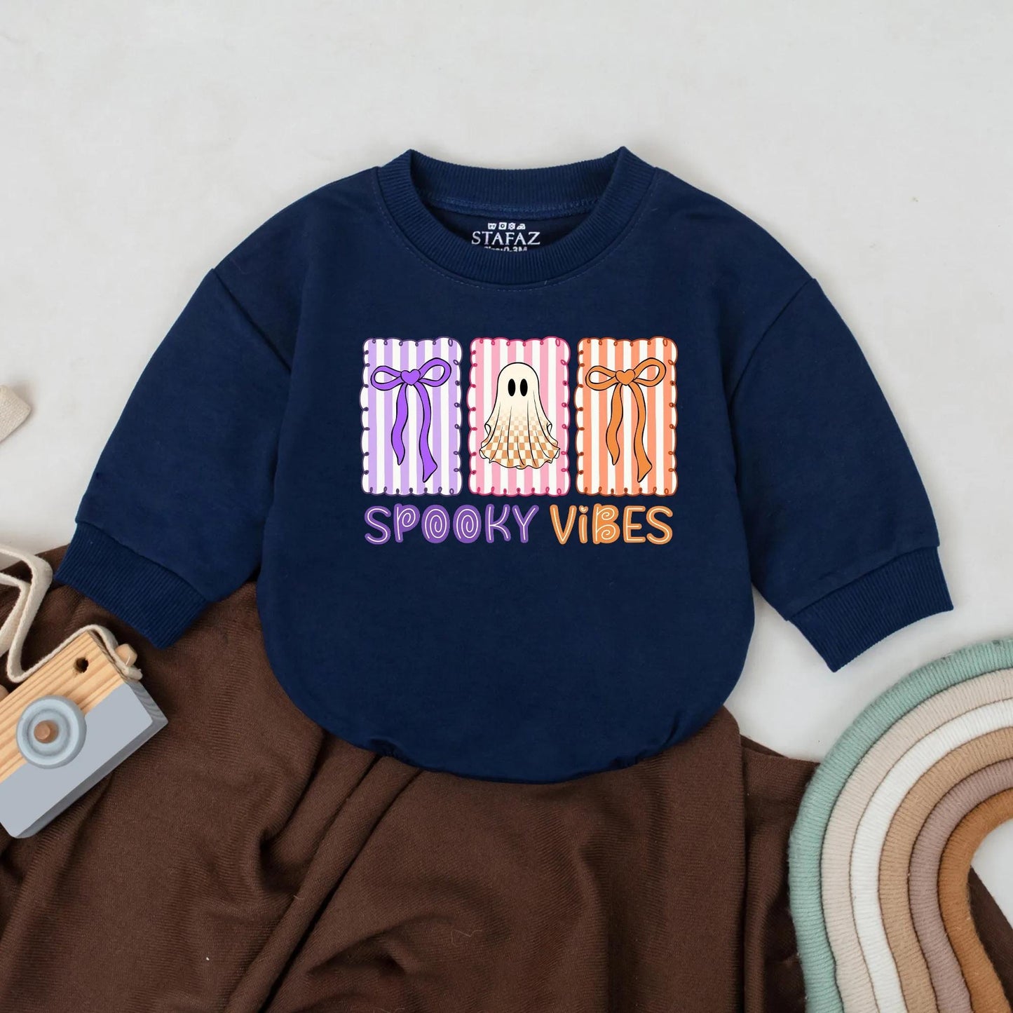 Spooky Vibes Halloween Romper for Baby Girl or Boy, Retro Outfit with Purple, Pink & Orange Accents, First Halloween Bodysuit Gift