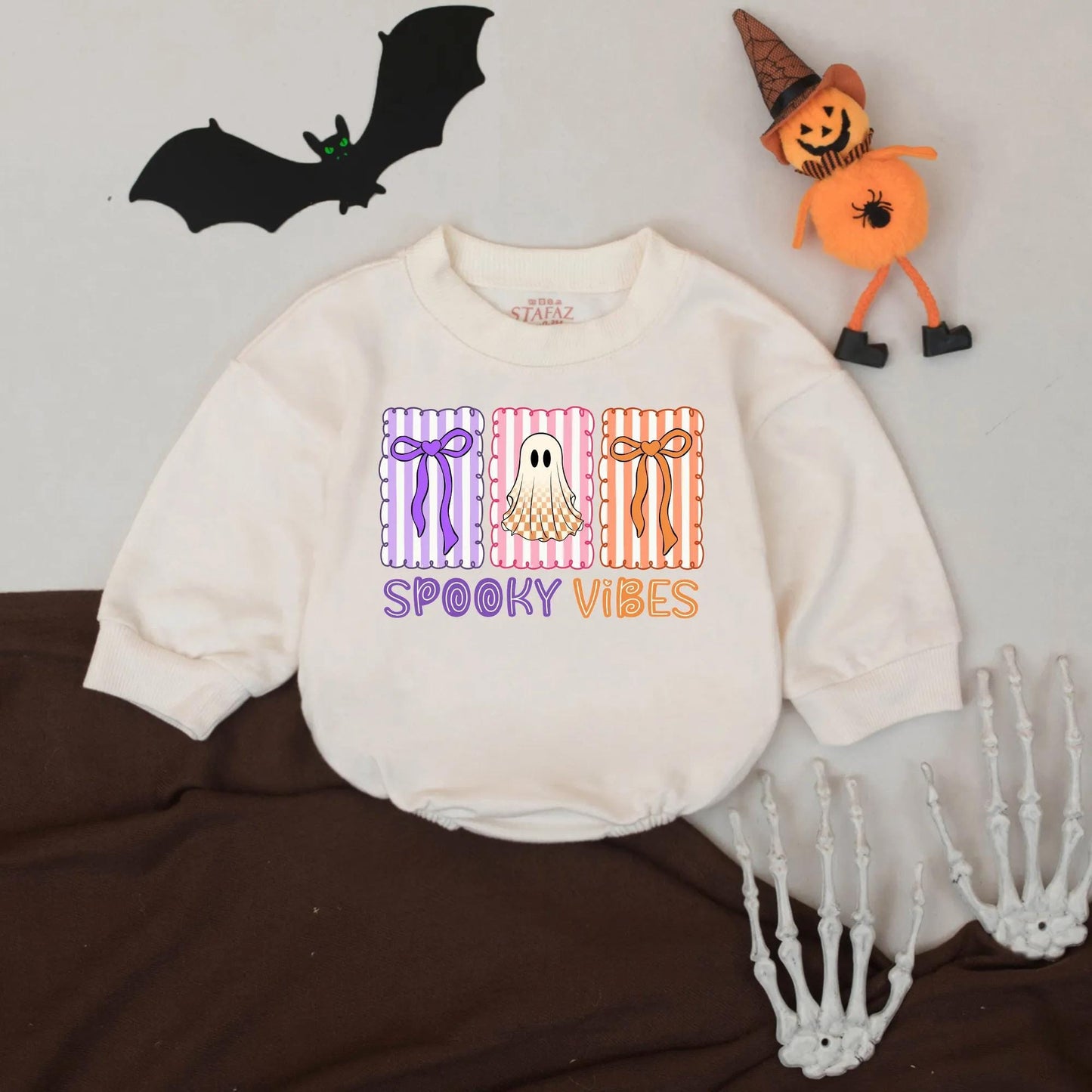 Spooky Vibes Halloween Romper for Baby Girl or Boy, Retro Outfit with Purple, Pink & Orange Accents, First Halloween Bodysuit Gift