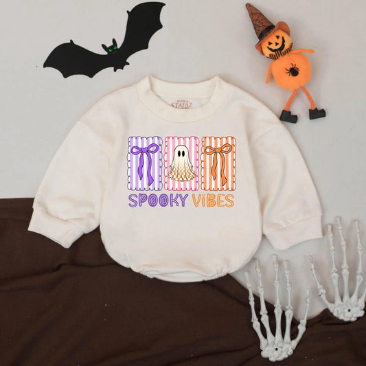 Spooky Vibes Halloween Romper for Baby Girl or Boy, Retro Outfit with Purple, Pink & Orange Accents, First Halloween Bodysuit Gift