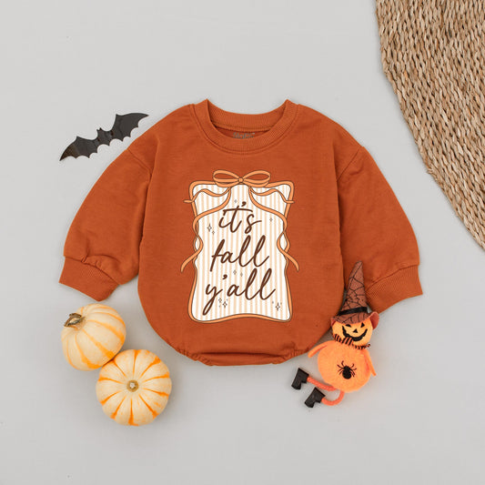 It's Fall Y'all Bubble Romper Preppy Retro Seersucker Bow Baby Girl Whimsical Frame Girly Autumn Thanksgiving Outfit