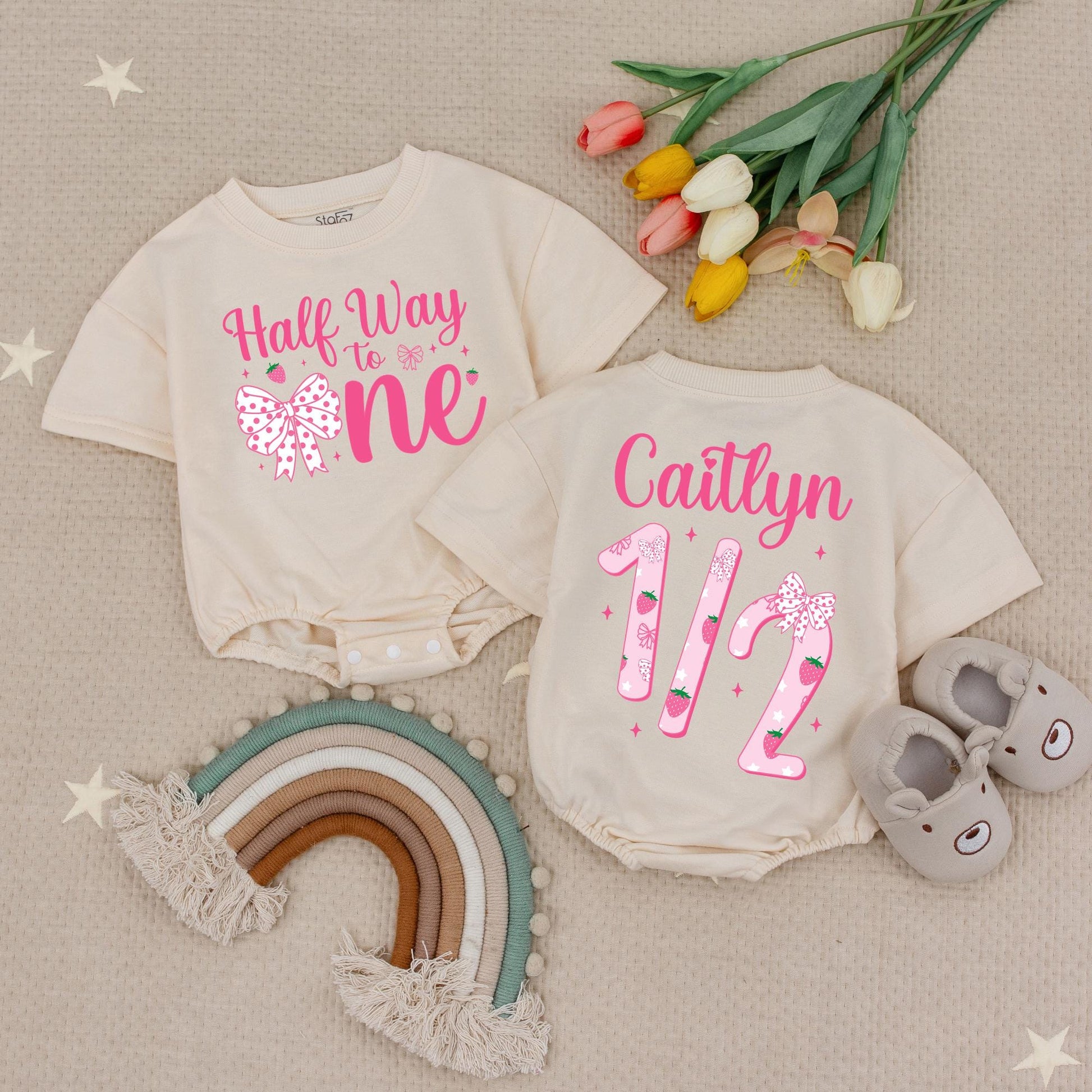 Half Way To One Personalized Romper, Pink Bow Birthday Outfit, 6 Month Old Girl Romper, Strawberry Celebration Outfit, Custom Name Romper (135 chars)