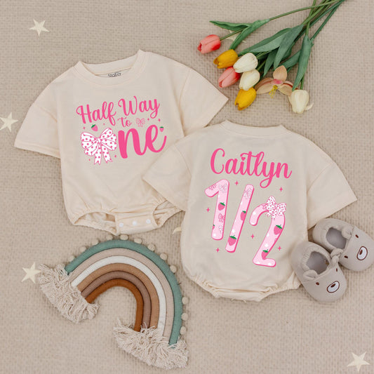 Half Way To One Personalized Romper, Pink Bow Birthday Outfit, 6 Month Old Girl Romper, Strawberry Celebration Outfit, Custom Name Romper (135 chars)