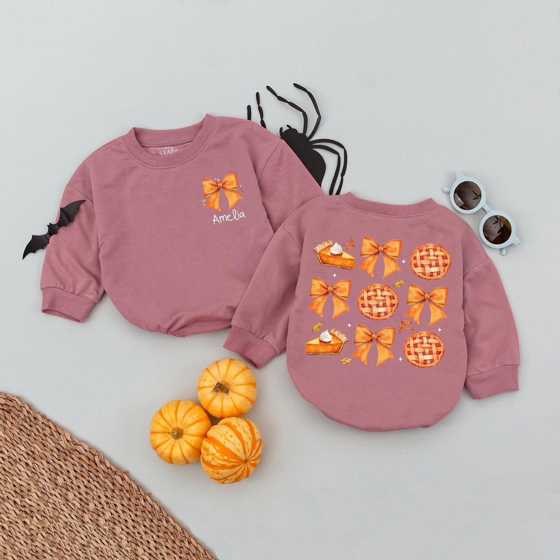 Custom Pumpkin Pie Romper for Girls with Golden Orange Bows and Scattered Fall Leaves Unique Thanksgiving Baby Clothes Cozy Autumn Infant Gift