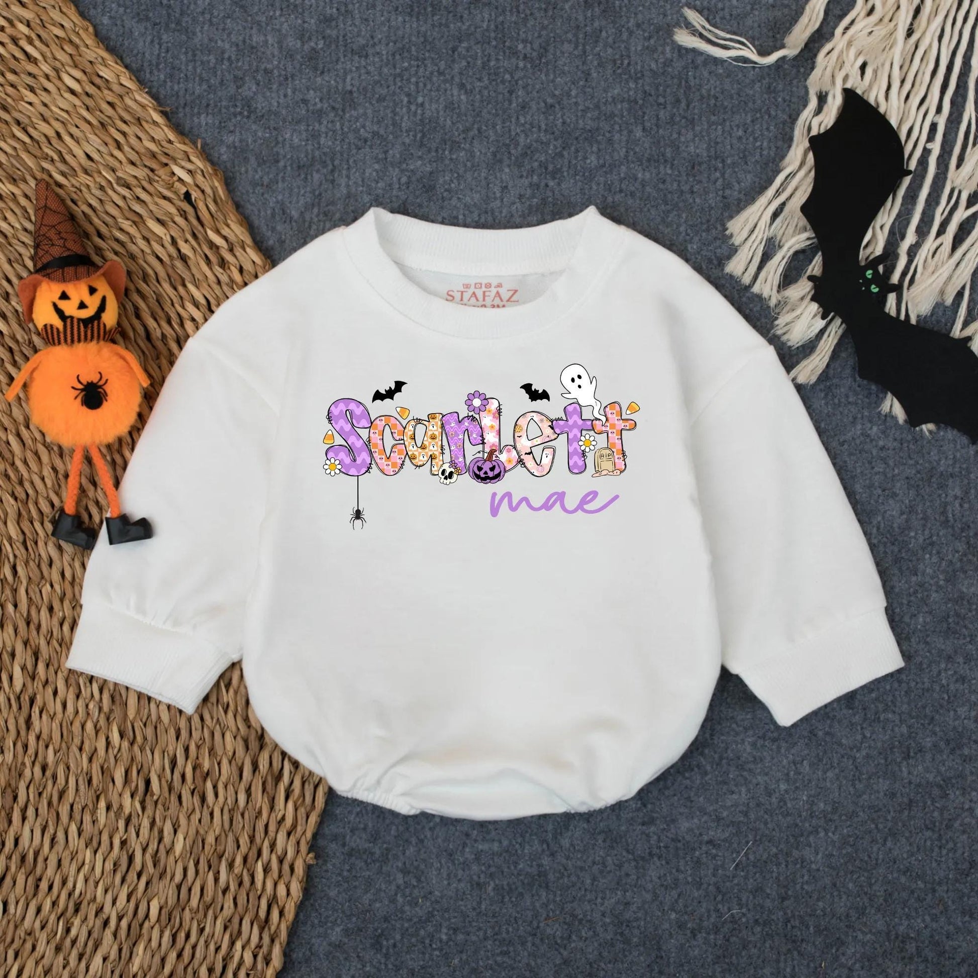 Scarlett Mae Halloween Romper - Spooky Girl Baby Outfit with Custom Name Design - Boo Bubble Suit for Toddlers