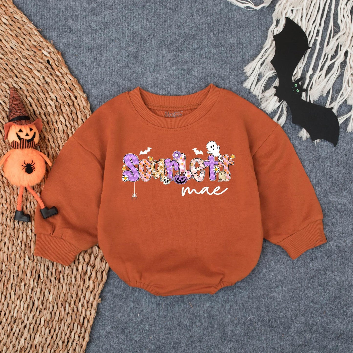 Scarlett Mae Halloween Romper - Spooky Girl Baby Outfit with Custom Name Design - Boo Bubble Suit for Toddlers
