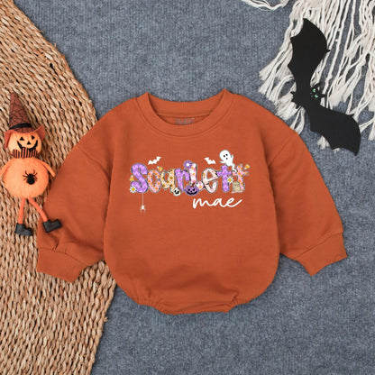 Scarlett Mae Halloween Romper - Spooky Girl Baby Outfit with Custom Name Design - Boo Bubble Suit for Toddlers