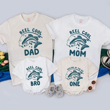 Reel Cool Fishing Birthday Family Shirts: Custom Dad, Mom & Baby First Birthday Outfit, Teal Fish Hook, Personalized Matching Gift, Reeling in the Big One