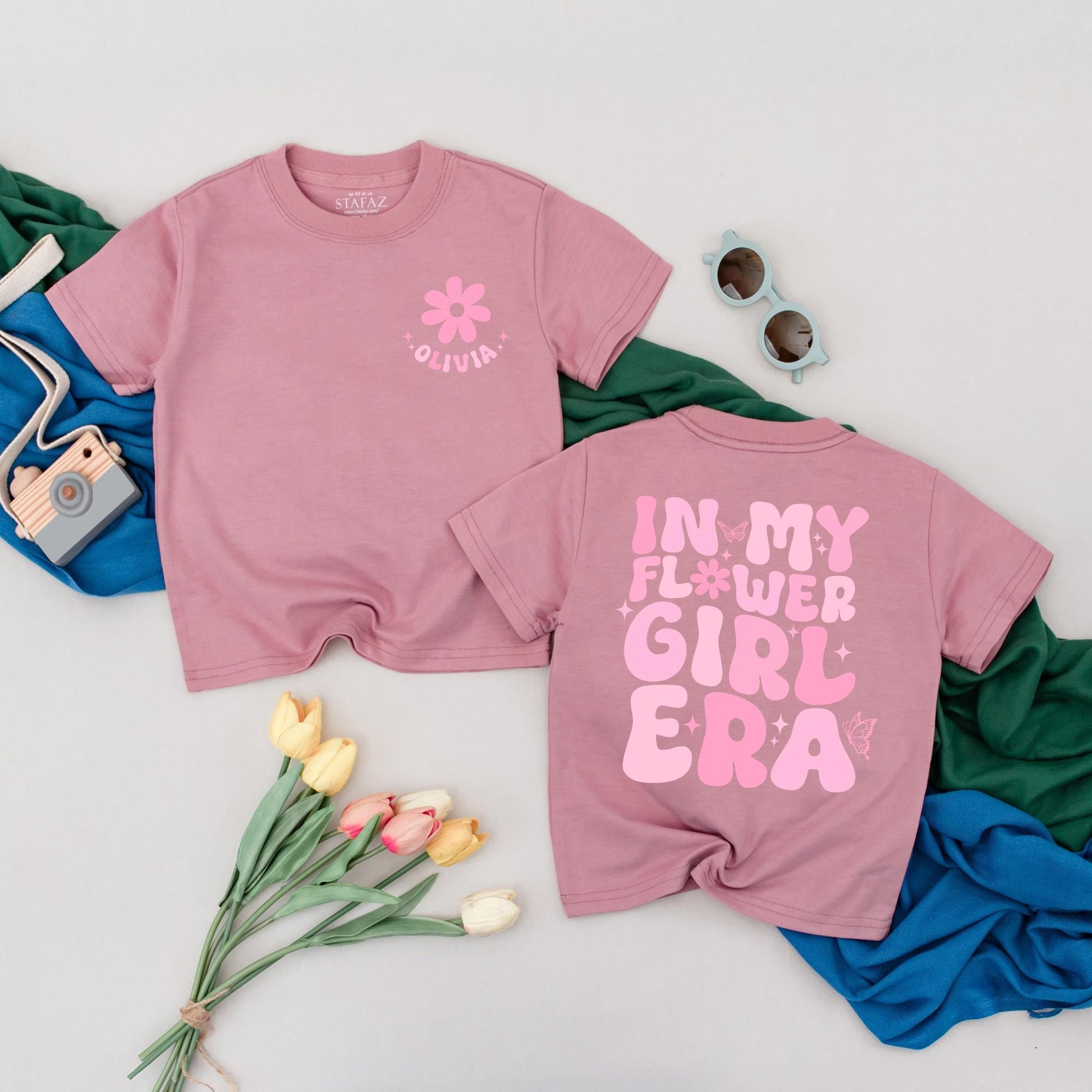 Personalized Pink In My Flower Girl Era T-Shirt Retro Groovy Flower Design Toddler Bridal Party Wedding Proposal Gift Junior Bridesmaid