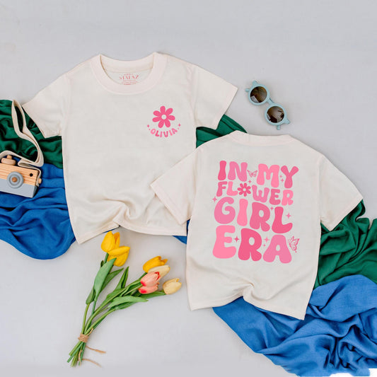 Personalized Pink In My Flower Girl Era T-Shirt Retro Groovy Flower Design Toddler Bridal Party Wedding Proposal Gift Junior Bridesmaid