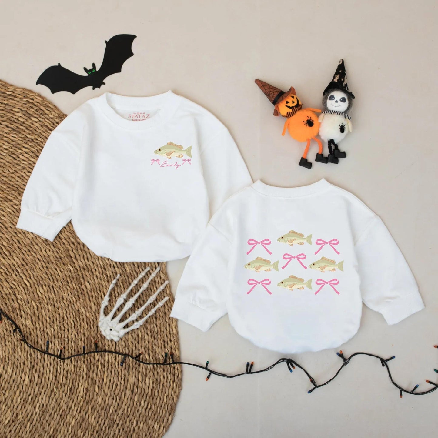 Fishing Bow Baby Girl Romper Custom Name Green Tan Brown Fish Pink Bow Catch of the Day Summer Outfit