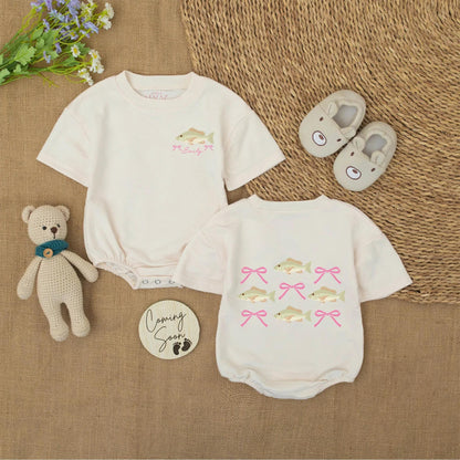 Fishing Bow Baby Girl Romper Custom Name Green Tan Brown Fish Pink Bow Catch of the Day Summer Outfit