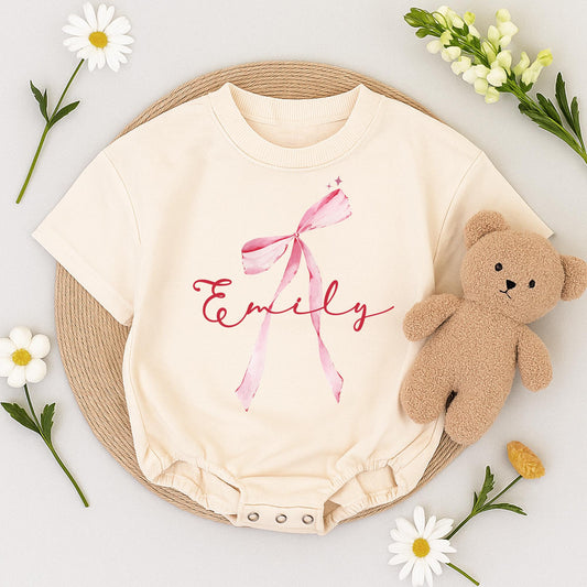 Emily Watercolor Bow Romper Custom Name Baby Girl Outfit Whimsical Pink Stars Infant Shower Gift
