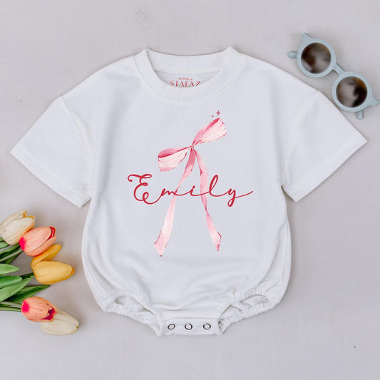 Emily Watercolor Bow Romper Custom Name Baby Girl Outfit Whimsical Pink Stars Infant Shower Gift