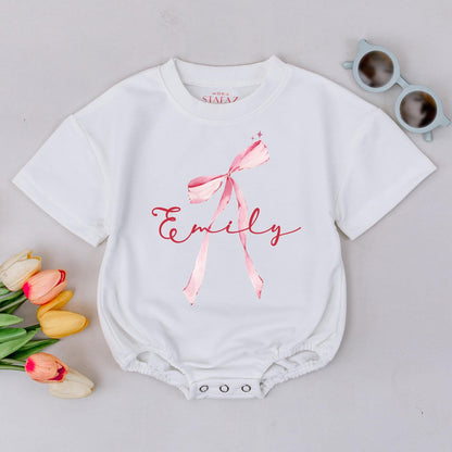 Emily Watercolor Bow Romper Custom Name Baby Girl Outfit Whimsical Pink Stars Infant Shower Gift