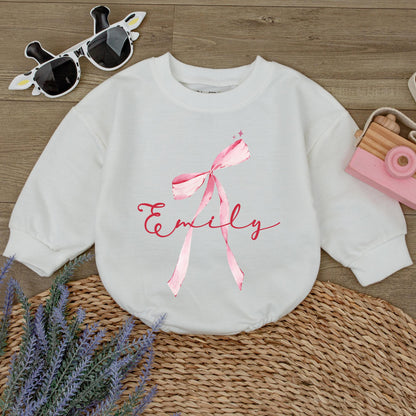 Emily Watercolor Bow Romper Custom Name Baby Girl Outfit Whimsical Pink Stars Infant Shower Gift