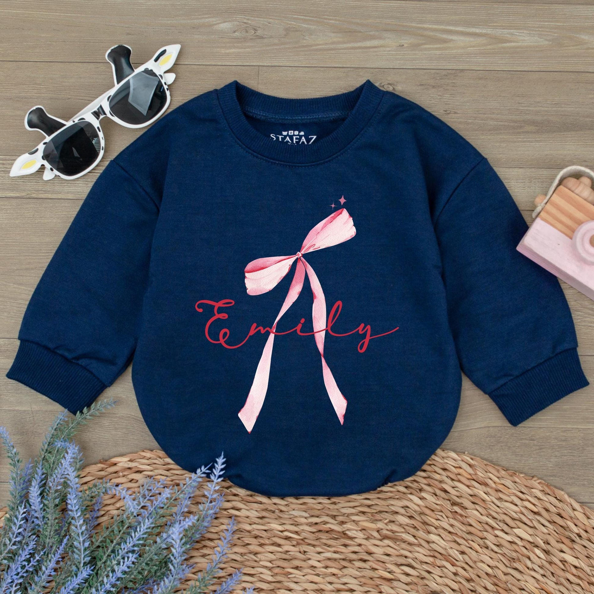 Emily Watercolor Bow Romper Custom Name Baby Girl Outfit Whimsical Pink Stars Infant Shower Gift