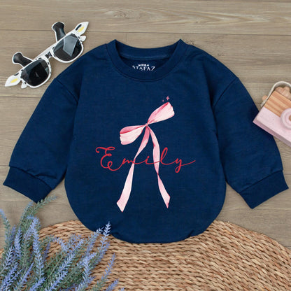 Emily Watercolor Bow Romper Custom Name Baby Girl Outfit Whimsical Pink Stars Infant Shower Gift
