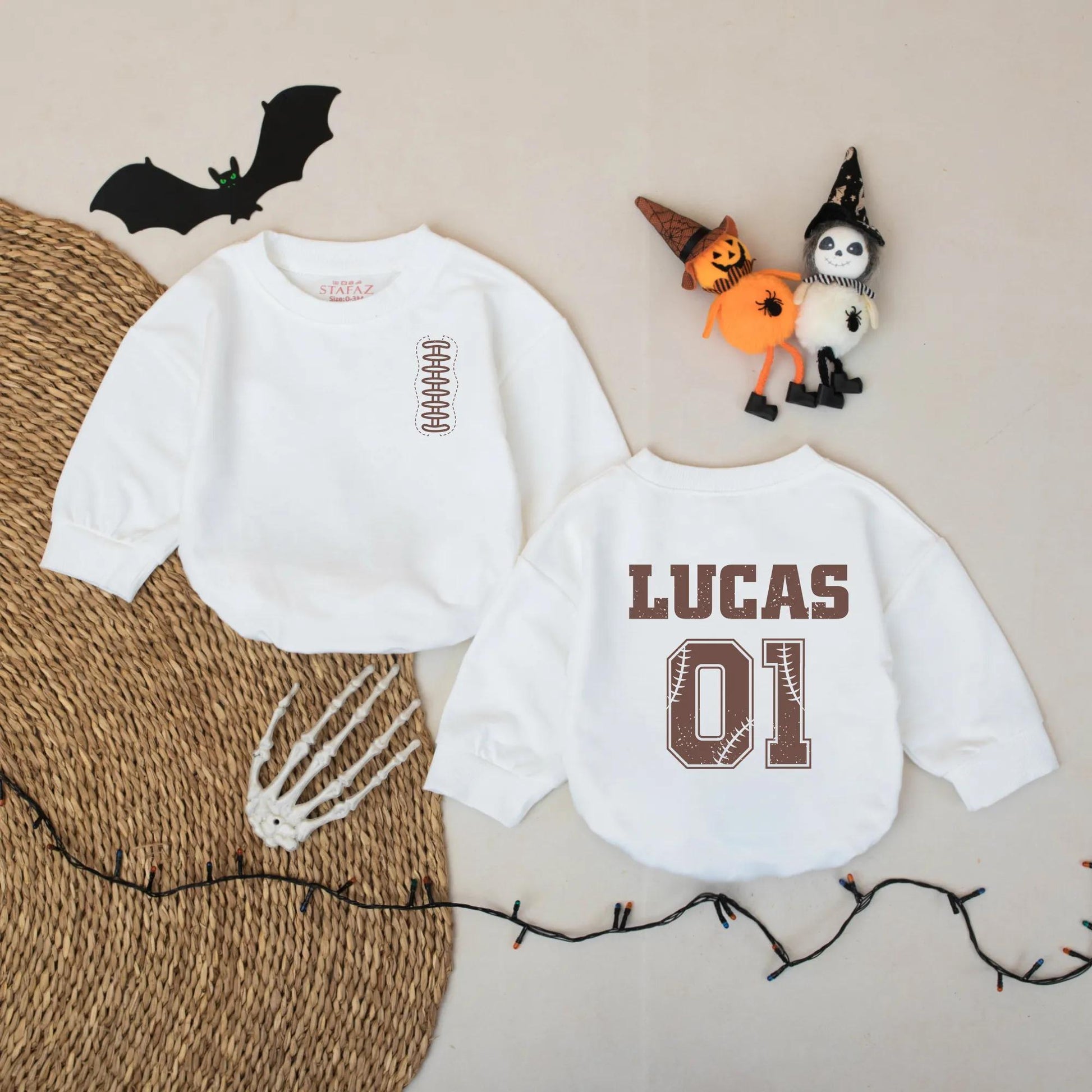 Personalized Football Baby Romper, Custom Name & Number Bodysuit, Vintage Sports Outfit with Baseball Stitch Detail, Baby Boy Fall Gift Idea 01 Lucas 138
