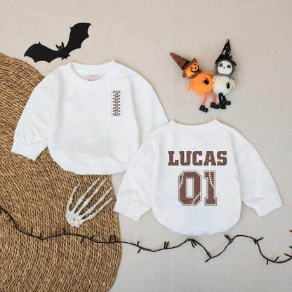 Personalized Football Baby Romper, Custom Name & Number Bodysuit, Vintage Sports Outfit with Baseball Stitch Detail, Baby Boy Fall Gift Idea 01 Lucas 138