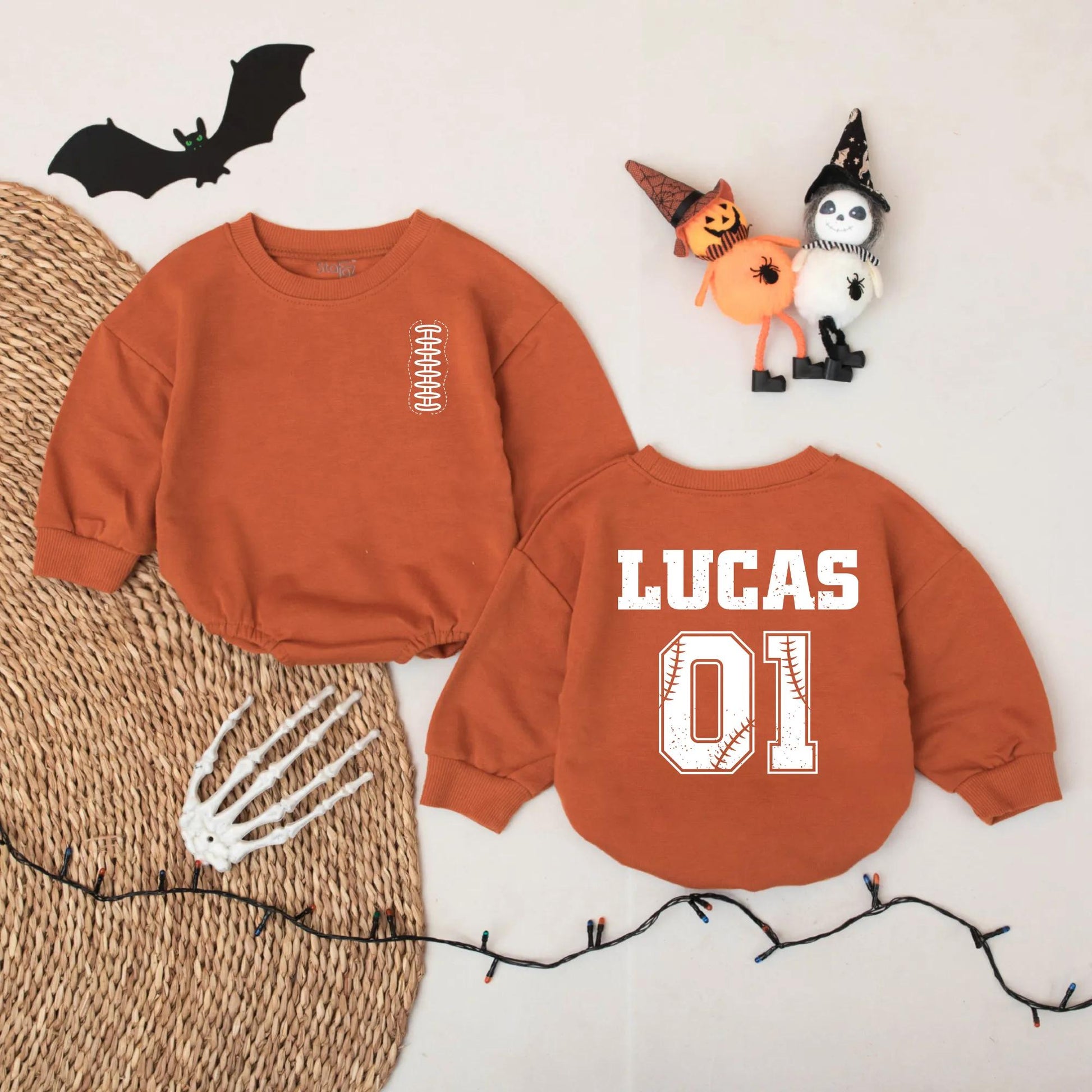 Personalized Football Baby Romper, Custom Name & Number Bodysuit, Vintage Sports Outfit with Baseball Stitch Detail, Baby Boy Fall Gift Idea 01 Lucas 138