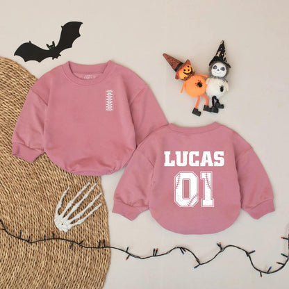 Personalized Football Baby Romper, Custom Name & Number Bodysuit, Vintage Sports Outfit with Baseball Stitch Detail, Baby Boy Fall Gift Idea 01 Lucas 138