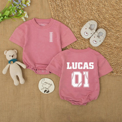 Personalized Football Baby Romper, Custom Name & Number Bodysuit, Vintage Sports Outfit with Baseball Stitch Detail, Baby Boy Fall Gift Idea 01 Lucas 138