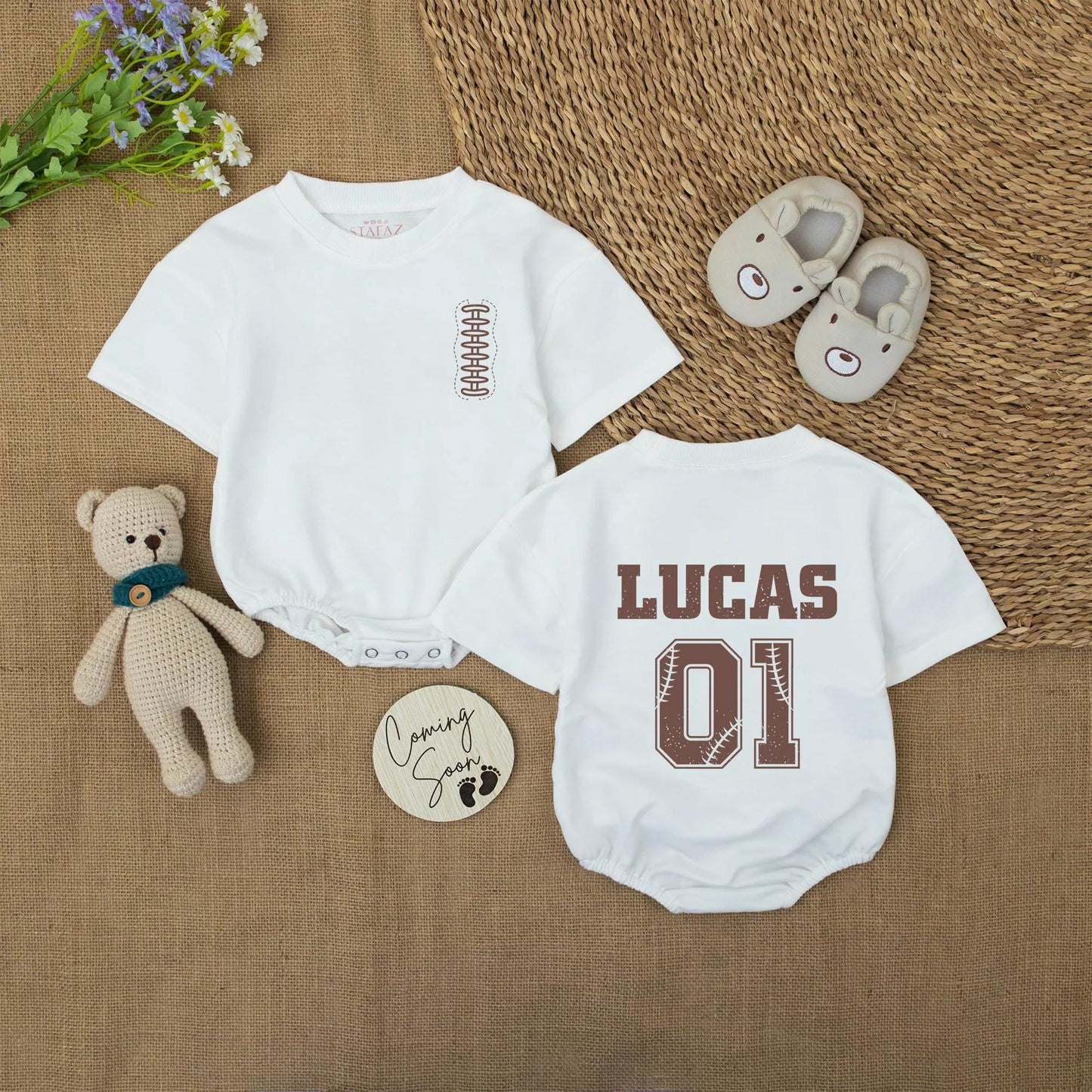 Personalized Football Baby Romper, Custom Name & Number Bodysuit, Vintage Sports Outfit with Baseball Stitch Detail, Baby Boy Fall Gift Idea 01 Lucas 138